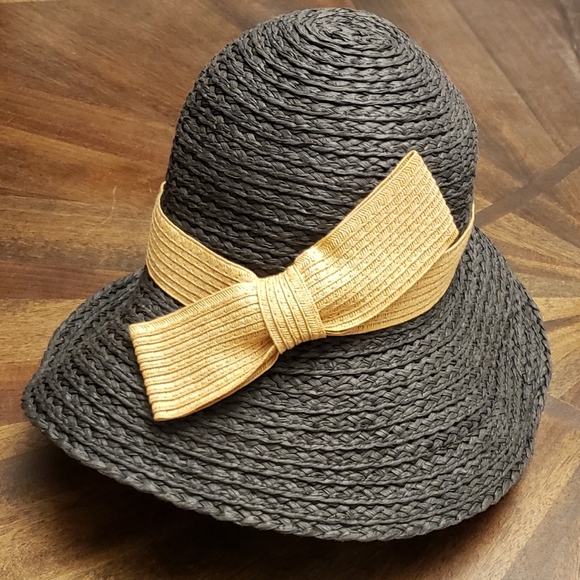 INC International Concepts Straw Bow Kettle Hat Black Floppy Sun Hat One Size - Picture 2 of 8